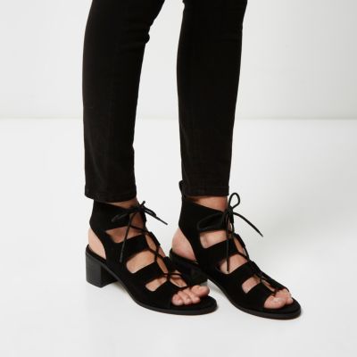 Black leather ghillie lace-up sandals